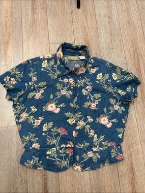VTG Liz Claiborne Floral Denim Cotton Button-Up  Crop Top Pink & Green Bloom 8